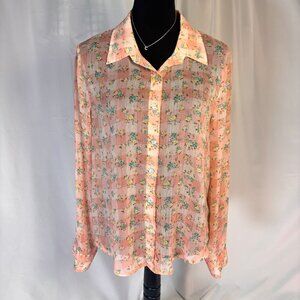 About A Girl Womens Floral Button-Up Sheer Blouse Peach Yellow Flowers L Polyest